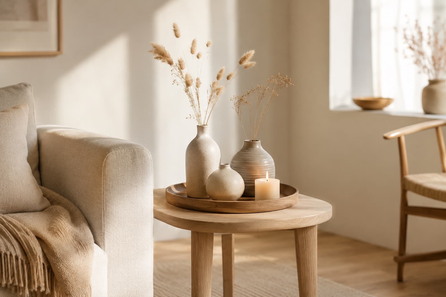 A warm Nordic living room corner styled with decor